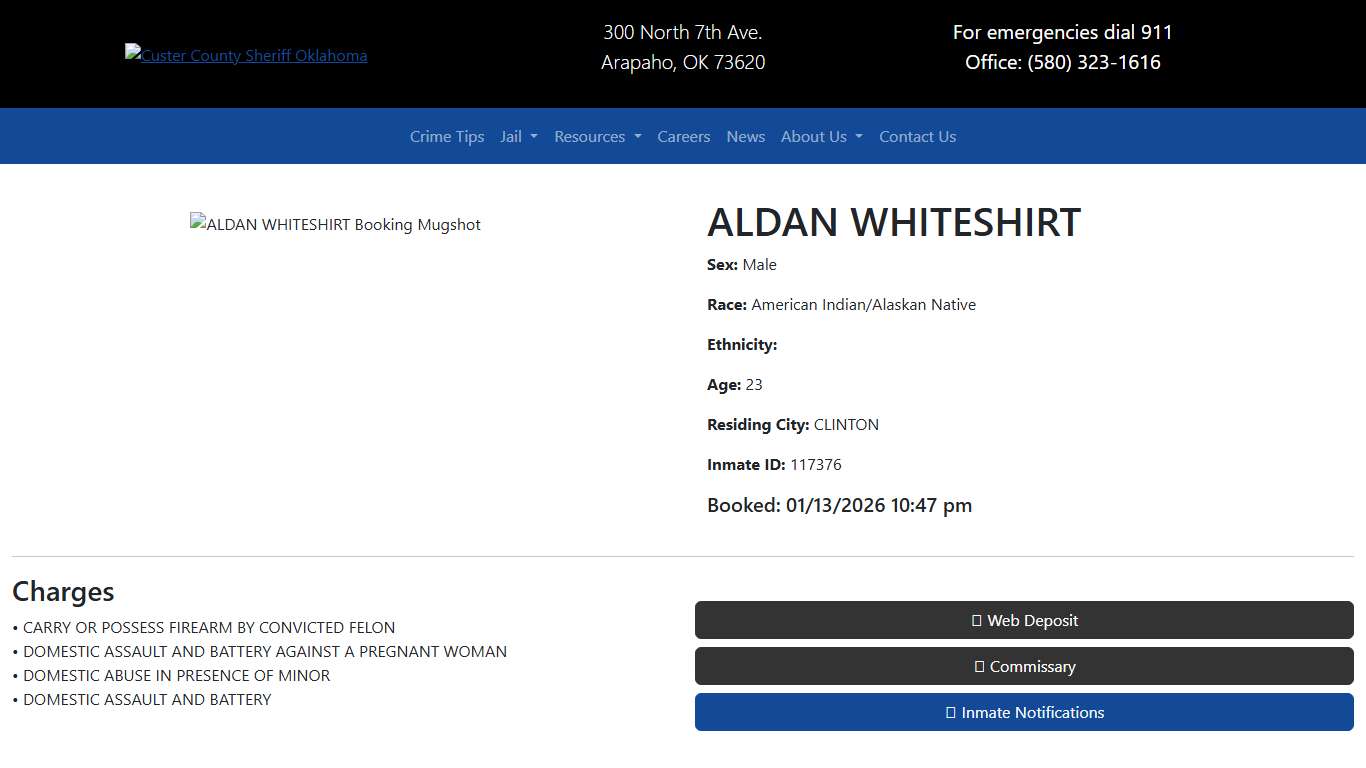 ALDAN WHITESHIRT Booked at the Custer County Jail