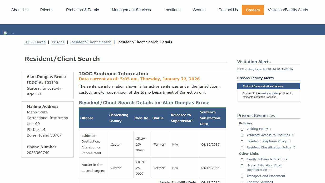 Resident/Client Search Details Idaho Department of Correction