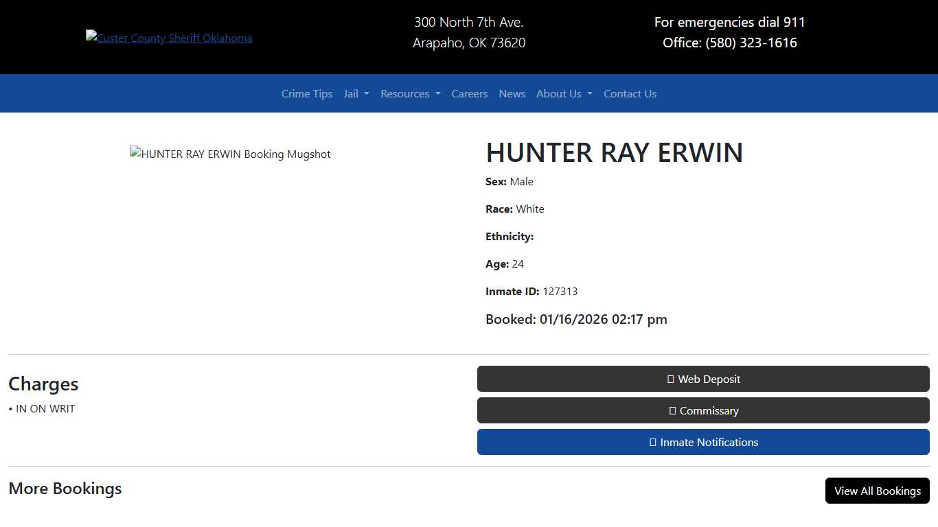 HUNTER ERWIN Booked at the Custer County Jail